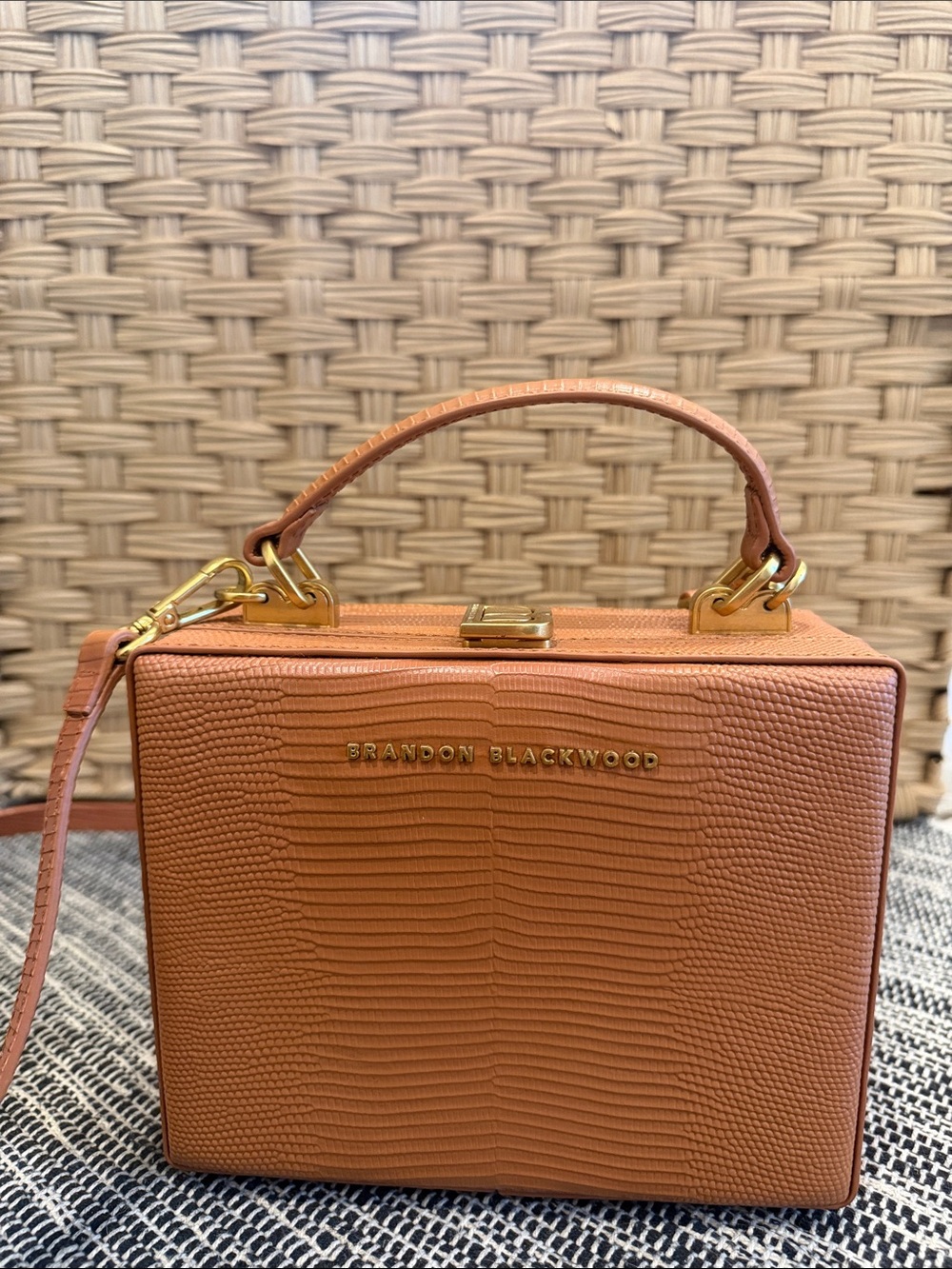 Brandon Blackwood Kendrick Trunk Tan Lizard Embossed Leather Brass hardware
